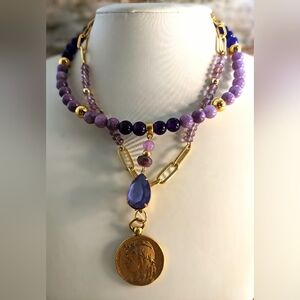 Natural Purple Jade & Amethyst Two Strand Bead In Paperclip Chain Necklace